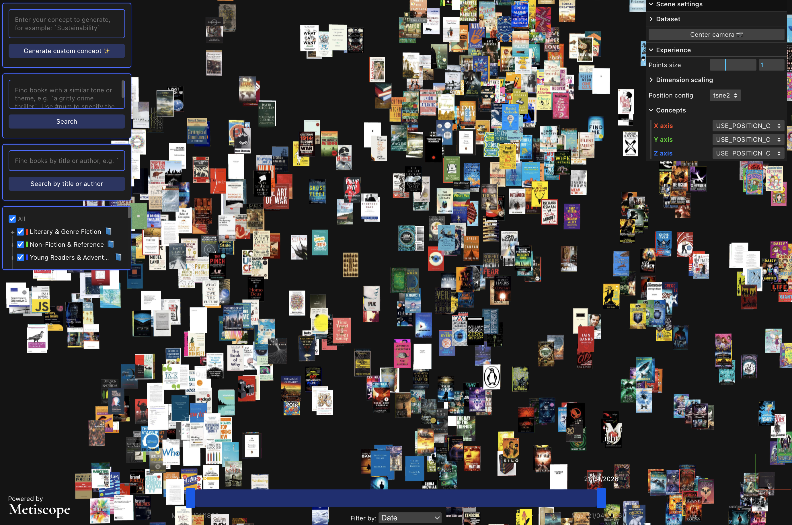 A 3D map of a Kindle library, with book covers clustered by theme and tone